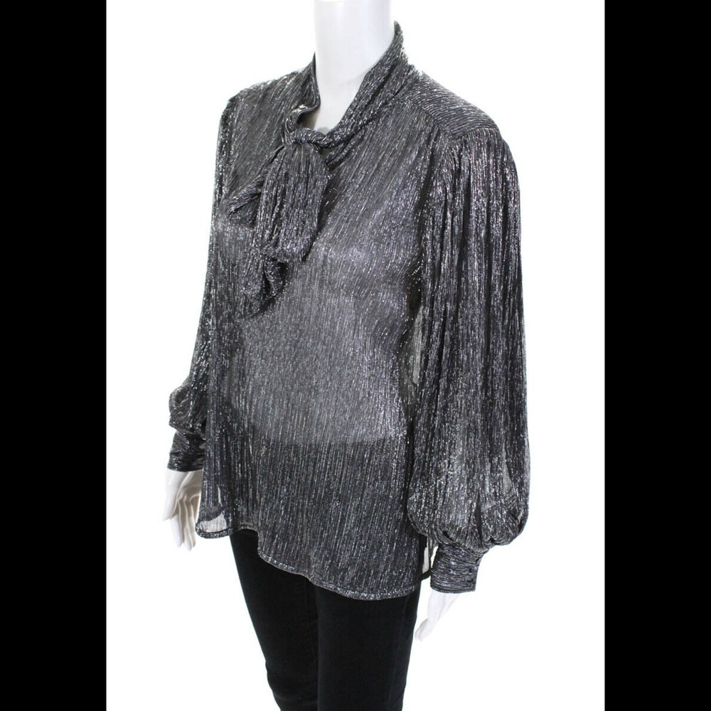 SUNCOO PARIS LYNSEE METALLIC TIE NECK BLOUSE SILVER TOP SZ T1